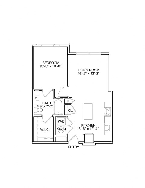 Floor plan for 1 bed, 1 bath, 726 sqft